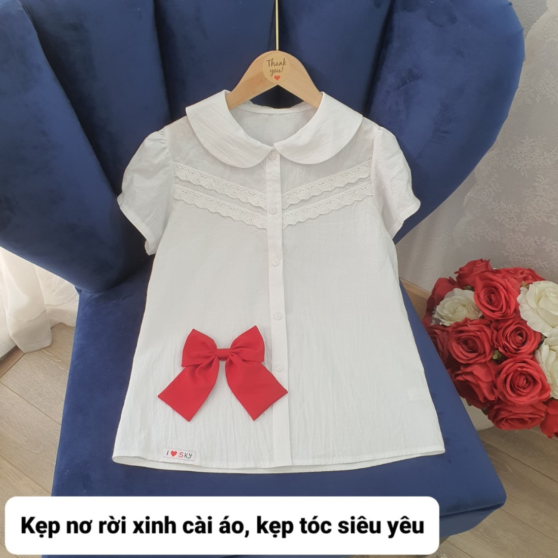 Áo sơ mi trắng ren V ngực size đại size 10 -13-ÁO SƠ MI CỘC TAY BÉ GÁI